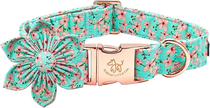 Elegant little tail Dog Collar, Spring Pet Collar with Flower Dog Durable Pink Flower Print Dog Collars Girl Pet Gift Adjustable Dog Collar for Large Dogs
