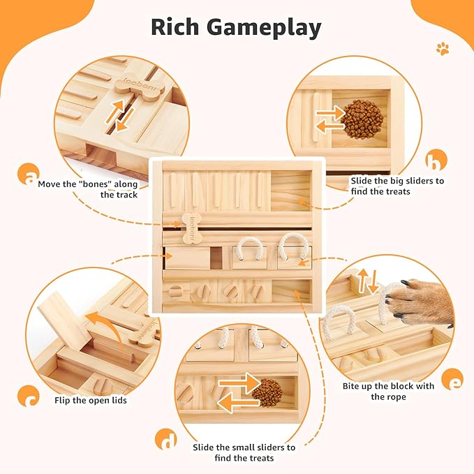 LOOBANI Dog Puzzle Toys Wooden: Slow Feeder Interactive Toys - Mental Brain Stimulation, Treat Dispensing & Entertainment/Food Slow Feeder for Small to Large Dogs - Square Slide Puzzle Toy