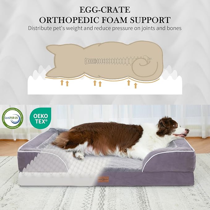 Comfort Expression Orthopedic Dog Bed for Extra Large Dogs 45x35 Inch, Waterproof Supportive Egg Crate Foam XL Pet Bed with Removable Bolsters, Dog Couch with Washable Cover & Non-Slip Bottom, Purple