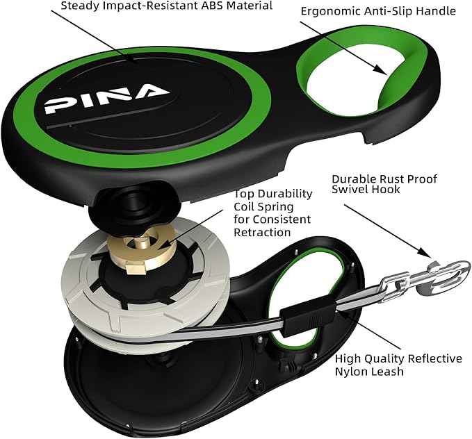 PINA Retractable Dog Leash, 16ft Dog Leash for Small Medium Dogs Up to 44lbs, 360° Tangle-Free Strong Reflective Nylon Tape, with Anti-Slip Handle, One-Handed Brake, Lock - Black Green