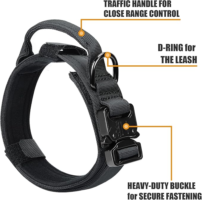 Tactical Dog Collar and Bungee Leash,Military Dog Collar & Leash Set with USA American Flag Adjustable K9 Collar with Heavy Duty Metal Buckle & Handle,with Patches and Airtags Case (L, Black)