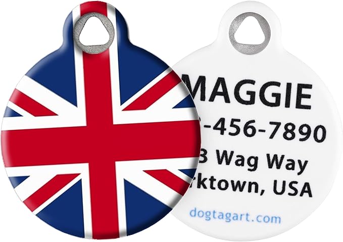 Dog Tag Art British Flag Union Jack Personalized Pet ID Tag for Dogs and Cats, Silent United Kingdom Dog Tag with Customized Identification Information - Large 1.25" Diameter