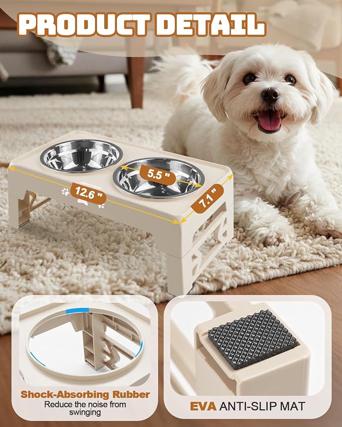 Elevated Dog Bowls, Dog Feeder with 2 Stainless Steel Dishes, 2 Heights Adjustable Raised Stand for Small Dogs, Food Dishes with Non-Slip Feet