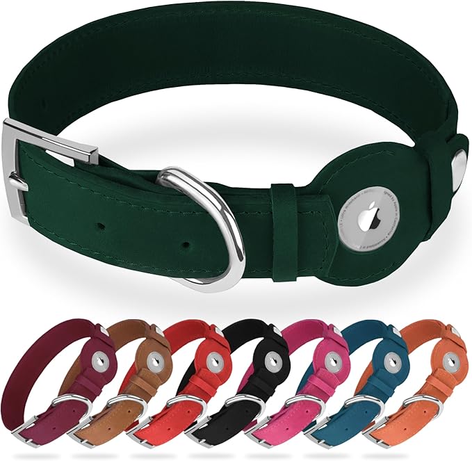 Leather Dog Collar with Airtag Holder - Apple Air Tag Dog Collars - Soft Tracking GPS Pet Collar for Small Medium Large Dogs Breed Puppy (Green, S, 9"-12" Neck Fit)