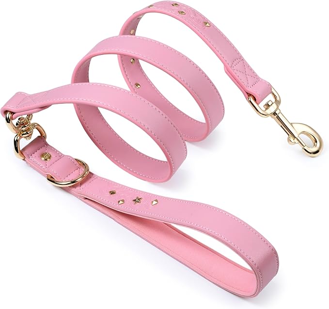 Blueberry Pet Premium Embossed Pink Glam Microfiber Leather Dog Leash with Gold Studs