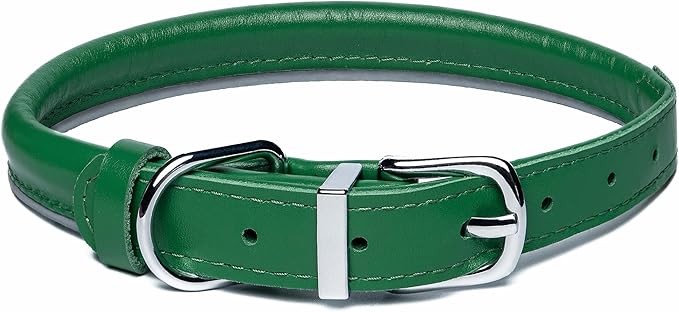 OOPSDOGGY Rolled Leather Dog Collar Reflective Roll Collars for Small Medium Large Dogs Puppy (Green, L, 14'' - 18'')
