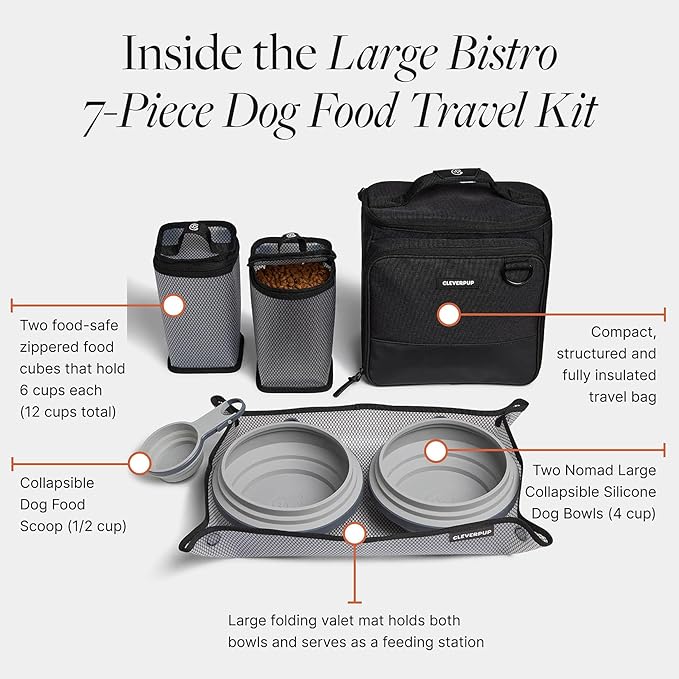 Cleverpup Large 7-Piece Bistro Box Dog Food Travel Kit, 12 Cup BPA-Free Kibble Storage, 2 Silicone Bowls, Mat & Scoop - Portable Pet Food Kit for Weekends, Overnights, Daycare & Camping, Graphite