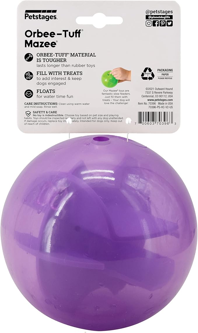 Outward Hound Orbee-Tuff Mazee Interactive Dog Puzzle Toy, Treat Dispensing Slow Feeder Ball, Purple, 4.7-Inch