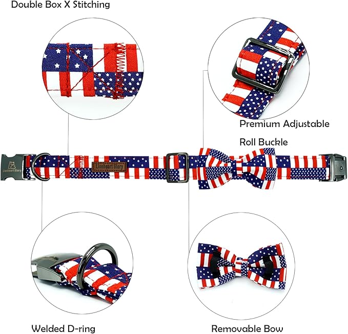 Lionheart glory American Flag Dog Collar 4 of July Independence Patriotic Dog Bow Collars Heavy Duty Adjustable Soft Collar with Bowtie for Large Dogs Pet Gift