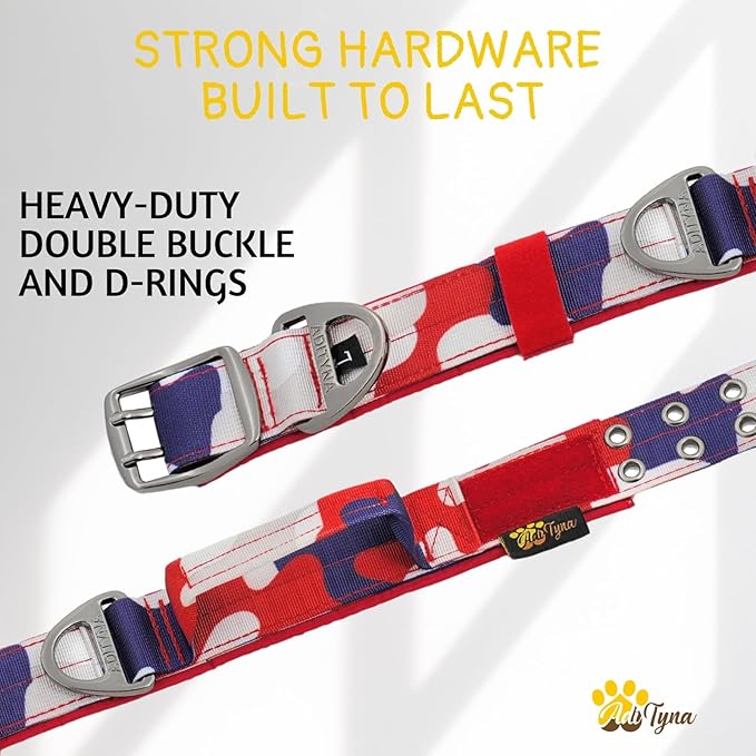 ADITYNA Heavy Duty Dog Collar for Medium Dogs - Camo Red Blue Collar with Handle for Training, and Walking - Wide, Thick, Tactical, Soft Neoprene Padded