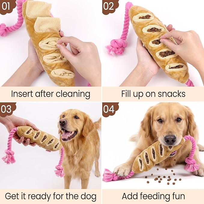 Tough Dog Toys for Aggressive Chewers Large Breed, Interactive Crinkle Plush Puzzle Feeder, Indestructible Heavy Duty Tug of War Stuffed Animal with Rope, Puppy Enrichment Chew Toy