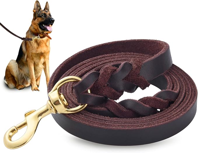 Genuine Leather Dog Leash - Heavy Duty Dog Training Leashes for Large Breed Dogs and Medium Dogs - 4FT / 5FT / 5.6FT Long with Color Black and Brown