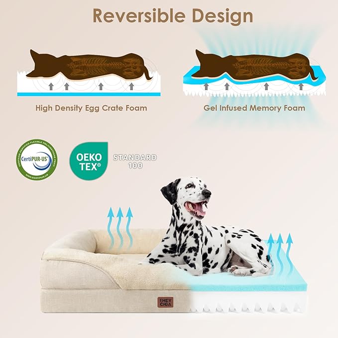 EHEYCIGA Orthopedic XXL Dog Bed for Large Sized Dog, 52x41x8 Inch Extra Large Memory Foam Dog Couch Bed with Sides, Waterproof Liner & Washable Removable Cover, Bolster Pet Sofa, Beige