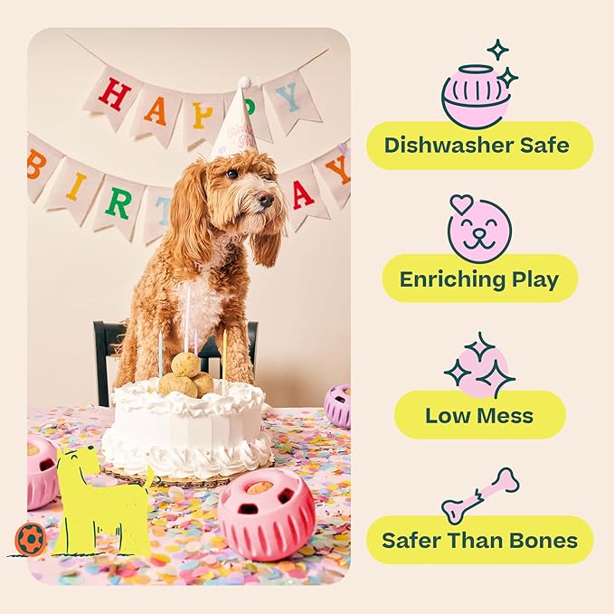 WOOF Party Pupsicle - Long-Lasting Interactive Dog Toys for Boredom - Low-Mess Design - Birthday Gifts for Dogs - XL Dog Toys - Party Pink