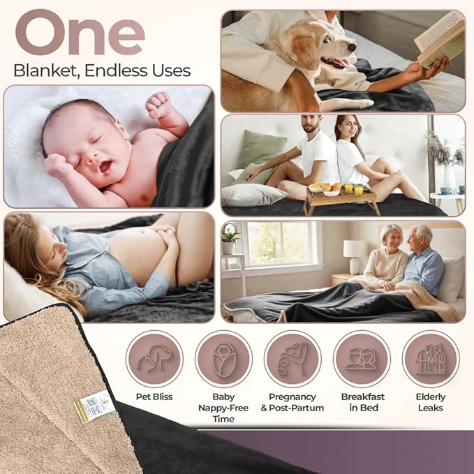 VIP Waterproof Blanket for Bed – Leak & Stain Proof Splash Throw – Fuzzy Cuddle Dry Towel, Pad, Couch Cover – Queen & Twin Size – Washable – Black Waterproof Mattress Protector -50x80 in