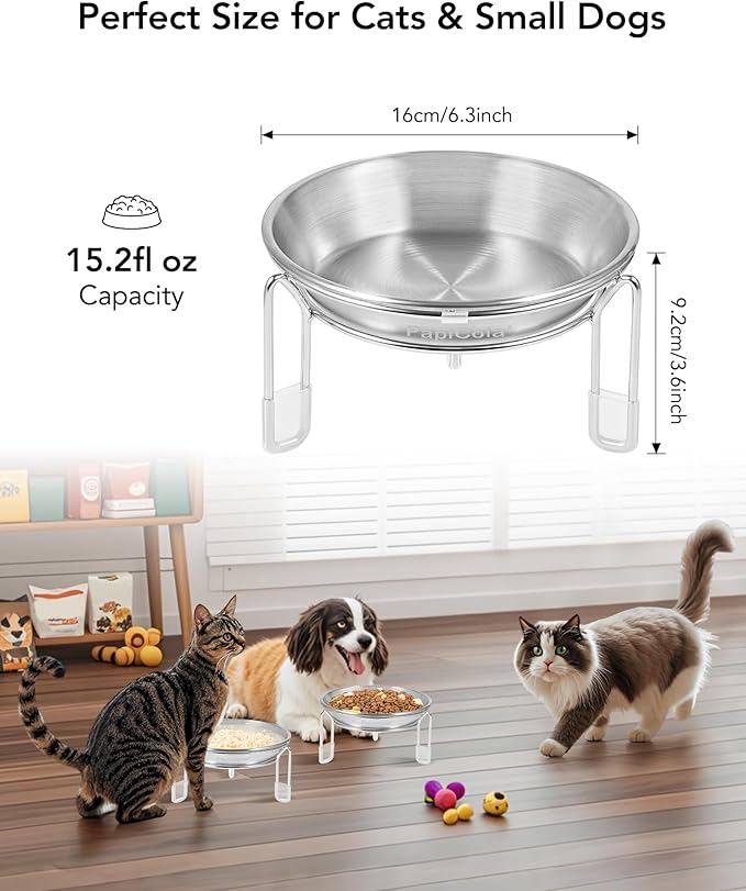 Elevated cat Bowl, Raised Stainless Steel Cat Food and Water Dishes, Small Dog Bowl, Whisker Friendly, Anti-Vomiting, Neck Stress-Free, Non-Slip Stainless Steel Stand with 3 Legs- 2Pack