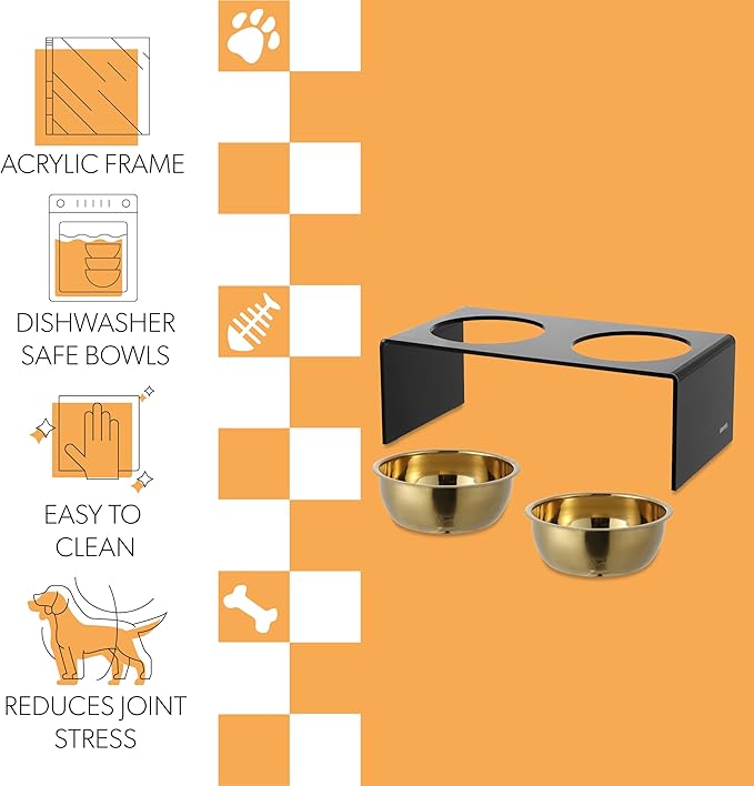 The LICKER Store DBL2001B Keaton 7.5" Medium/Large Modern Lucite Rectangular Elevated Pet Feeder with 54oz 2-Stainless Steel Bowls, Black/Gold
