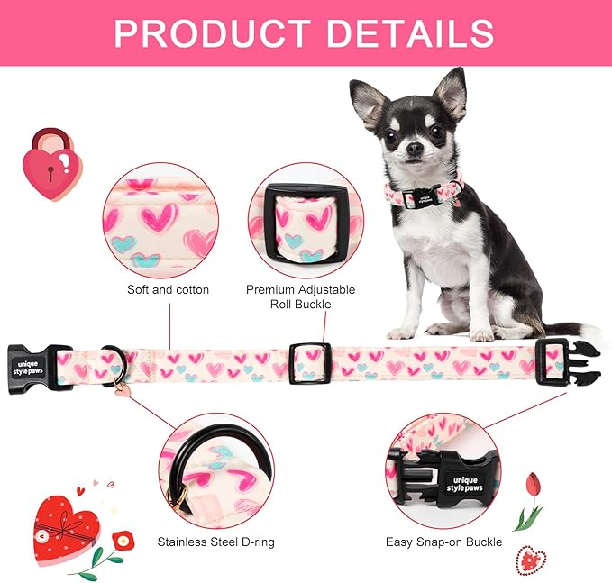 Unique Style Paws Valentine Dog Collar Plastic Buckle with Pendant Beige Colorful Heart Cotton Puppy Collars for Small Medium Large Dogs