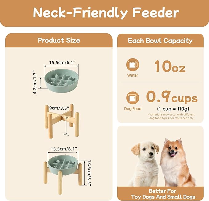 Ceramic 0.9 Cup Dog Raised Slow Feeder Set, Elevated Bowl with Wooden Stand for Small Dog, 6.1inch Pet Slow Feeder Dish for Fast Easters, Preventing Choking (Light Green, Single Bowl+ Stand)