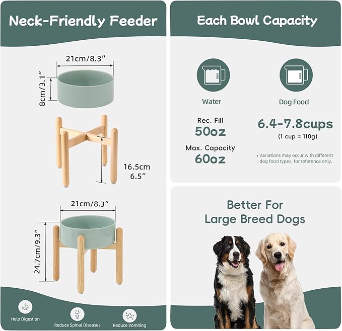 Ceramic 8.2inch Raised Dog Bowl with Stand for Large - Breed Dogs, Pet Food and Water Feeder(Single Bowl with Stand - Light Green)