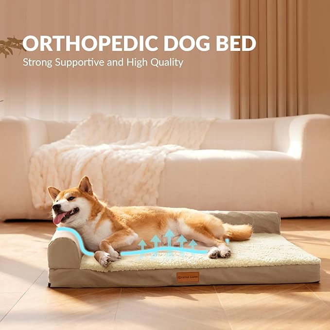 Patas Lague Orthopedic Dog Bed Medium Size Dog 30''X20'', Waterproof L Bolster Medium Pet Sofa Beds with Removable Washable Cover, Soft Comfortable Pet Couch Crate Mat with Nonskid Bottom, Cream
