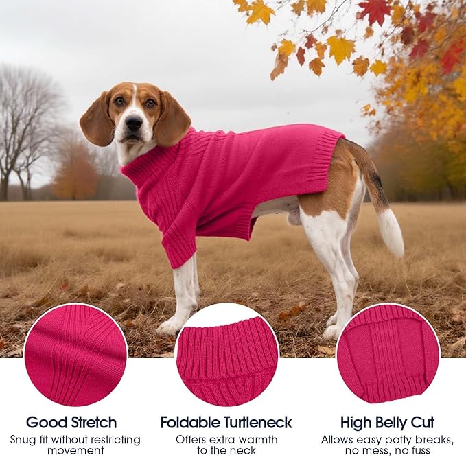 IECOii XXL Dog Sweater,Thermal Knit Big Dog Sweater with Sleeve,Pet Turtleneck Doggy Sweatshirt for Extra Large Dogs Boy Girl,Stretchy Large Dogs Cold Weather Outfit Pitbull Clothes,(Rose red,XXL)