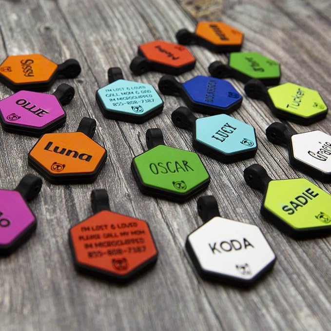 Silicone Silent Dog Tag Personalized with 5 Lines of Custom Deep Engraved Durable Soundless Pet ID Name Tag Hexagon Red