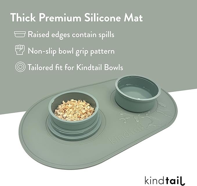 KindTail Dog Pet Bowl Set + Silicone Mat - 2 Bowls + 1 Mat, Grey, Solid, BPA & Toxin-Free, Dishwasher Safe