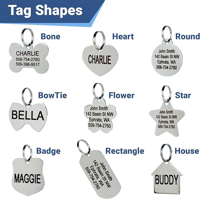 GoTags Stainless Steel Pet ID Tags, Personalized Dog Tags and Cat Tags, up to 8 Lines of Custom Text, Engraved on Both Sides, in Bone, Round, Heart, Bowtie and More (Ranger Badge, Small (Pack of 1))