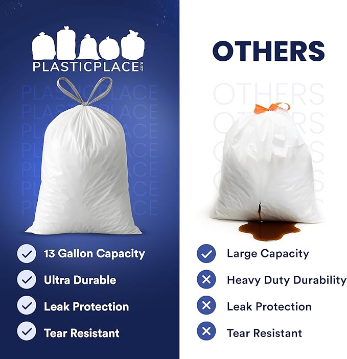 Plasticplace 5 Gallon Trash Bags - White Drawstring Garbage Bag Liners, 19" x 25" (100 Count) – Durable, Leak-Proof, Multi-Purpose Tall Kitchen, Bathroom, Office and Car TrashBags Plastic Bags 0.9 Mil