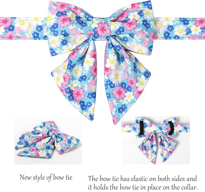 Lionet Paws Floral Dog Collar with Sailor Bow, Spring Wildflowers Daisy Forget Me Not Dog Collar Bow Tie for Dogs, Small, Neck 10-16 inches