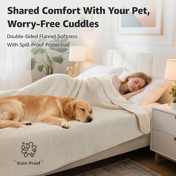LOOBANI Waterproof Blanket for Bed: Reversible Soft Flannel Queen Bed Blanket 80" x 90", Waterproof Dog Blankets for Large Dogs, Spill-Proof Cover for Furniture Protection, Movie Time, Beige