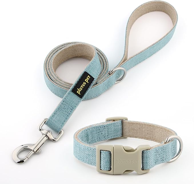 Plutus Pet Cotton Hemp Dog Collar and Leash Set, Adjustable Collar for Small, Medium, and Large Dogs, Heavy Duty and Soft on Skin, Light Blue, L
