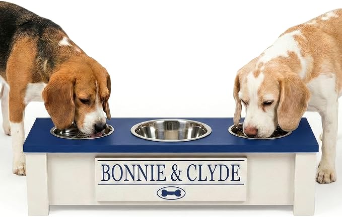 GTW Personalized Elevated Triple Dog Bowl Stand for Large, Medium, Small, X-Small Dogs - 3 Stainless Steel Food and Water Bowls - Raised Dog Dish with Internal Storage (Small, Blue)