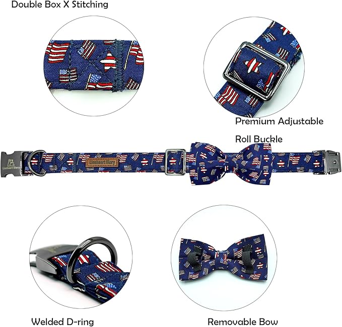 Lionheart glory American Flag Dog Collar 4 of July Independence Patriotic Dog Bow Collars Heavy Duty Adjustable Soft Collar with Bowtie for Medium Dogs Pet Gift