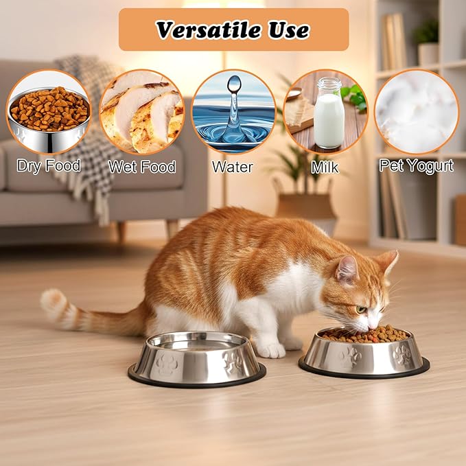 12 Pack Stainless Steel Pet Bowls with Non-Slip Base - 7oz Small Dog & Cat Feeding Bowls, Shallow Metal Food and Water Dishes for Kittens, Puppies, Rabbits (Silver)