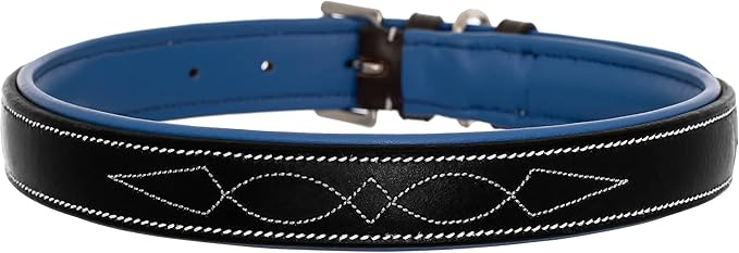 Exion Geniun Leather Dog Collar Designer Stitched Soft Leather Padded- Suitable for Small Medium Large X-Large Dogs for Walking Running- Black with Blue Padding