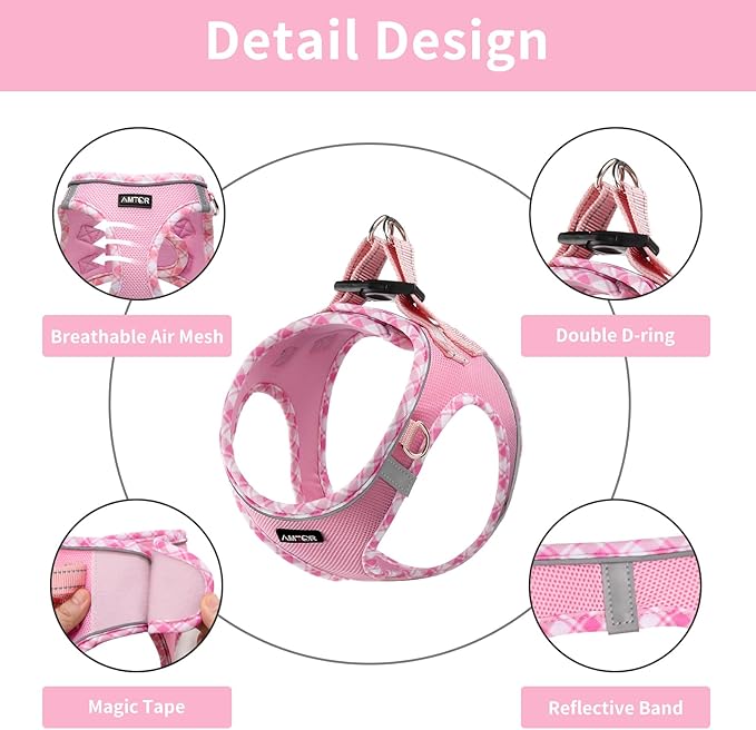AMTOR Small Dog Harness with Leash Set, No Escape Easy Walk Puppy Harnesses for Training Walking, Step-in Reflective Soft Dogs Vest for XS S Medium Extra-Small Large Sized Dog(M Size,Pink/White)