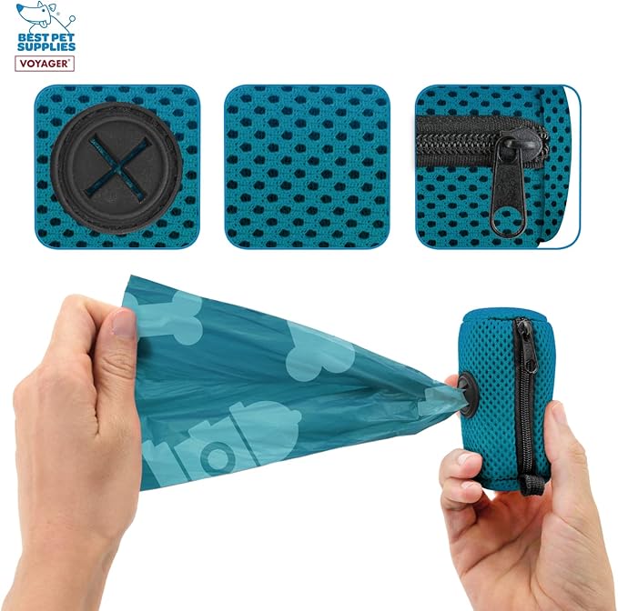Best Pet Supplies Dog Poop Bag Holder Leash Attachment with 15 Bags, Turquoise, Reusable Mesh Dispenser Pouch for Travel, Walking, Park, and Outdoor Use, Soft and Durable with Clip-On