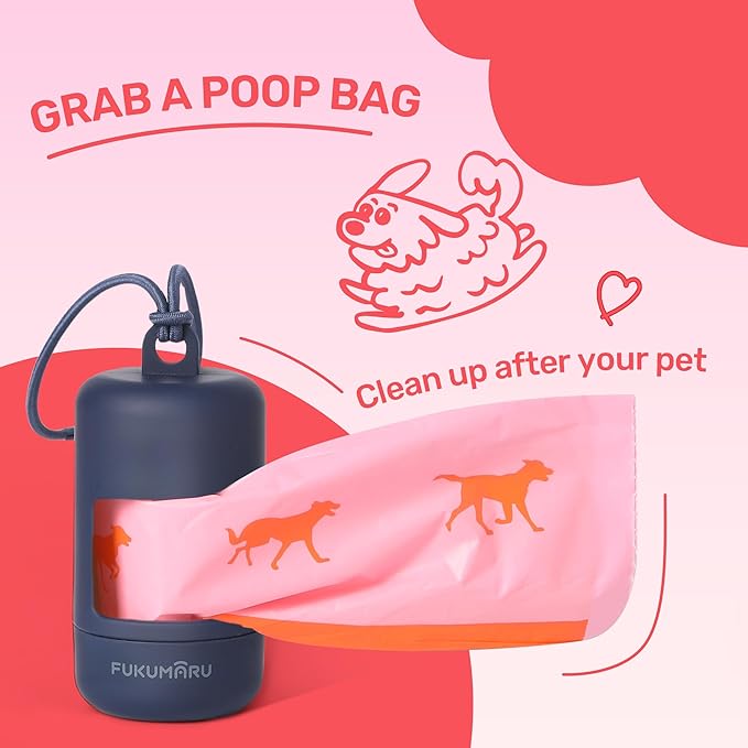 FUKUMARU Poop Bags For Dogs, 120 Rose Scent Dog Poop Bag Holder and Dispenser with Leash Attachment for Dogs, Cats and Multi-pet Use - Running Pattern Bags, Blue Holder