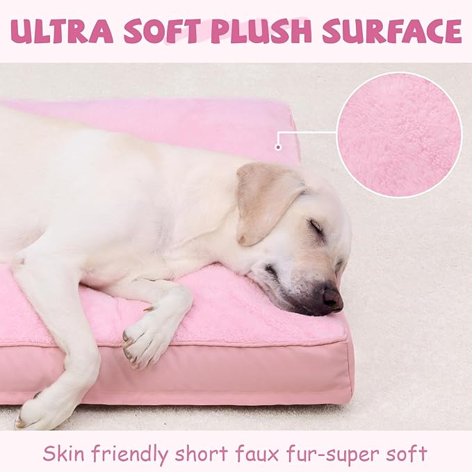Dog Crate Bed Waterproof Deluxe Plush Dog Beds with Removable Washable Cover Anti-Slip Bottom Pet Sleeping Mattress for Large, Medium, Jumbo, Small Dogs, 41 x 27 inch, Pink