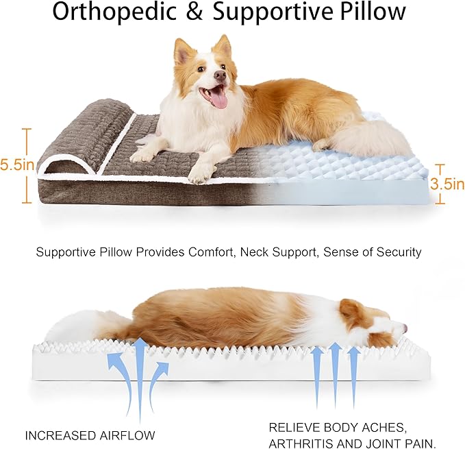 Orthopedic Jumbo Dog Bed Large Sized Dog with Pillow 56''X40'' Waterproof Soft Comfortable Egg Crate Foam Pet Crate Beds Mat with Removable Washable Cover and Non-Slip Bottom, Taupe
