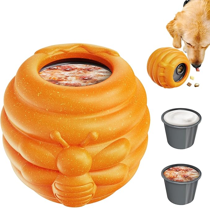 Dog Enrichment Toy for Aggressive Chewers - Interactive Dog Puzzle Toy for Boredom - Durable Nylon Honey Pot Treat Dispenser & Slow Feeder - Frozen Lick Toy with Removable Cups, Orange