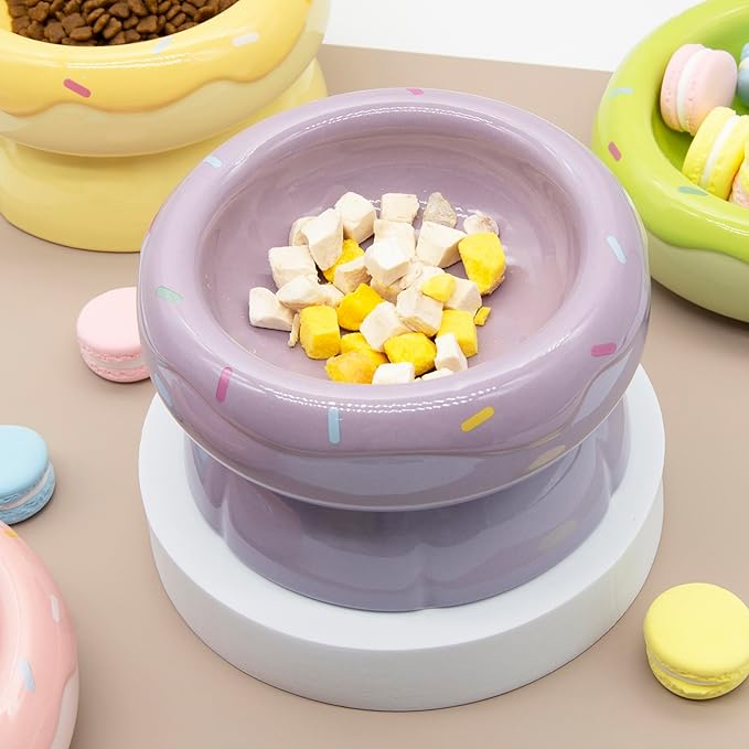 Donut Duo Ceramic Dog Bowl Set, Dual-Layer Pet Feeding Bowls with Raised Base, Non-Slip, Lead-Free Ceramic (Purple)