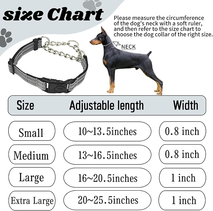 Martingale Dog Collars, Reflective Nylon Collar with Stainless Steel Chain, Adjustable Walking Training Dog Collars with Quick Release Buckle, Suitable for Small Medium Large Dogs(Gray,XL)