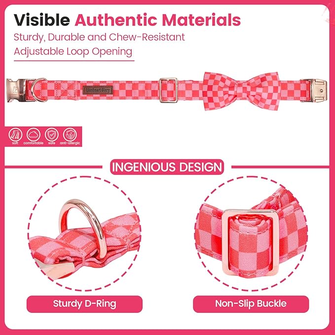 Lionheart glory Dog Bow Collar - Soft Dog Collar with Bowtie Adjustable Sturdy Pink Plaid Collars for X-Small Dogs Puppy Checkered Cute Pet Collars Spring Holiday