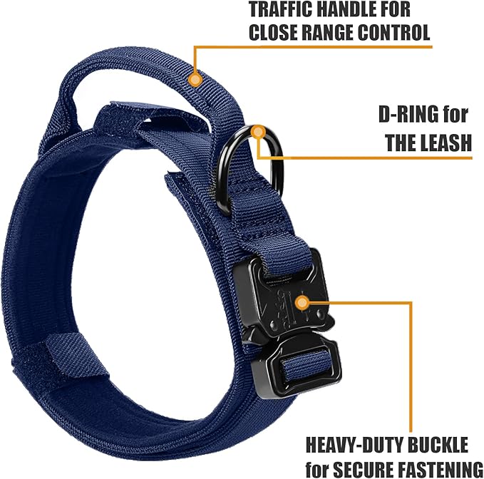 Tactical Military Collar - Adjustable Nylon, Heavy Duty Metal Buckle with Handle for Dog Training, with Patches (Blue, M)