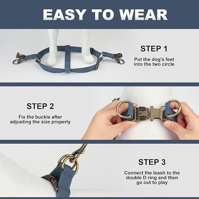 Didog Step in Dog Harness - PU Leather Dog Harness with Antique Bronze Metal Buckle, Easy Walk Dog Halter Harness for Medium Dogs Walking Training (Blue, S: Chest 16-22")