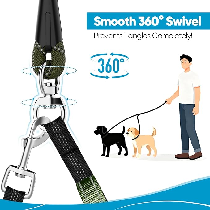 XiaZ Double Dog Leash for Two Dogs, Dual Dog Leash with Tangle-Free Swivel & 4 Comfortable Handles, Highly Reflective Three Point Control Dog Leash for Small Medium Dogs, 3/8”ArmyGreen