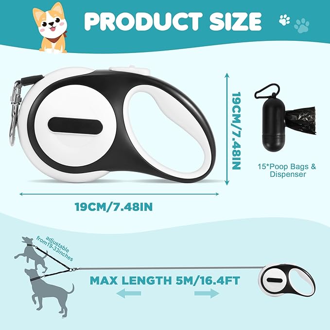 Double Retractable Dog Leash for 2 Large Dogs (Up to 143 Lbs Each), 2 Headed Pet Leash with Poop Bags and Rechargeable LED Light - Tangle-Free Swivel - One Button Break & Lock (Green, Large)